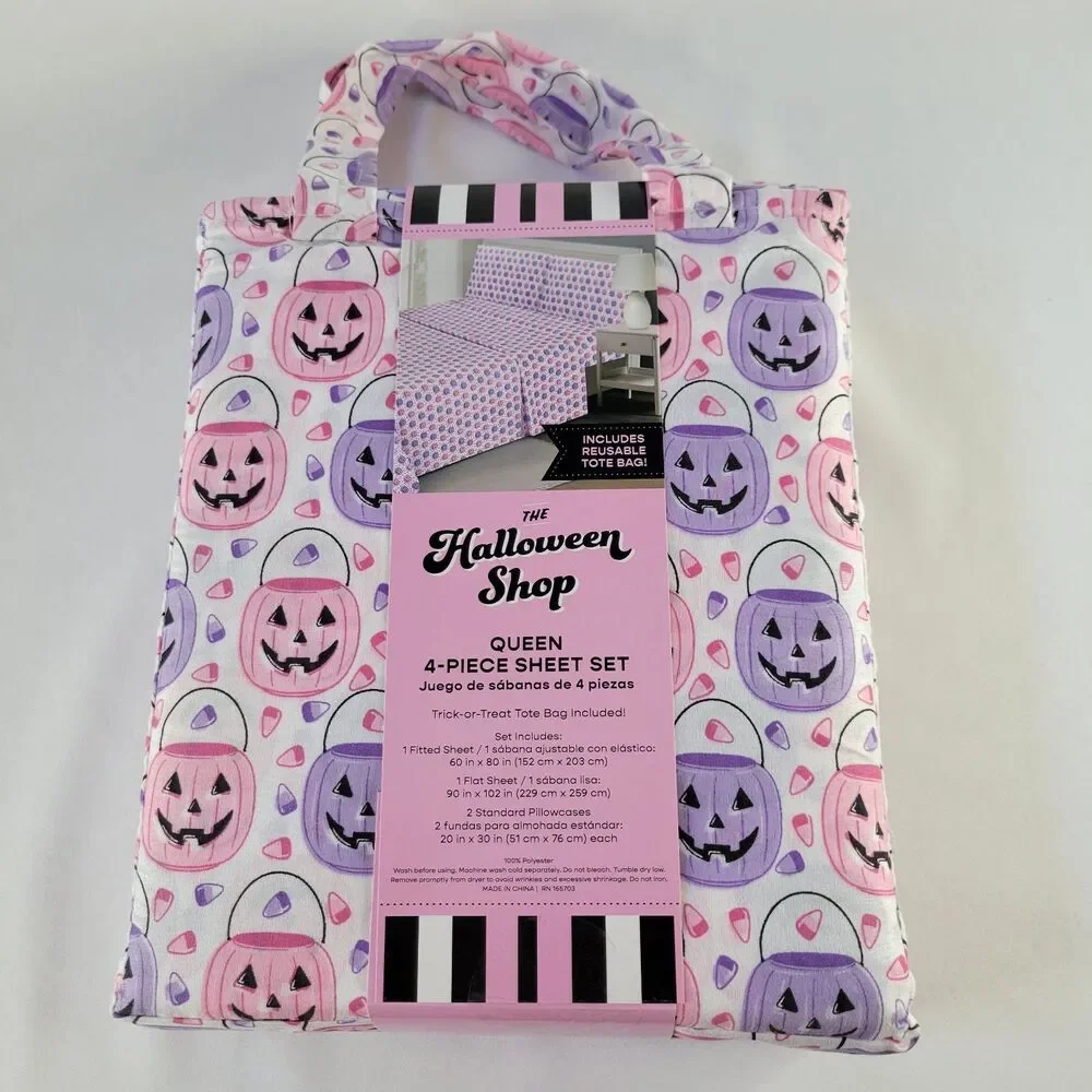 Halloween Pink Purple White QUEEN 4pc Sheets Set Trick Treat Buckets Candy Corn